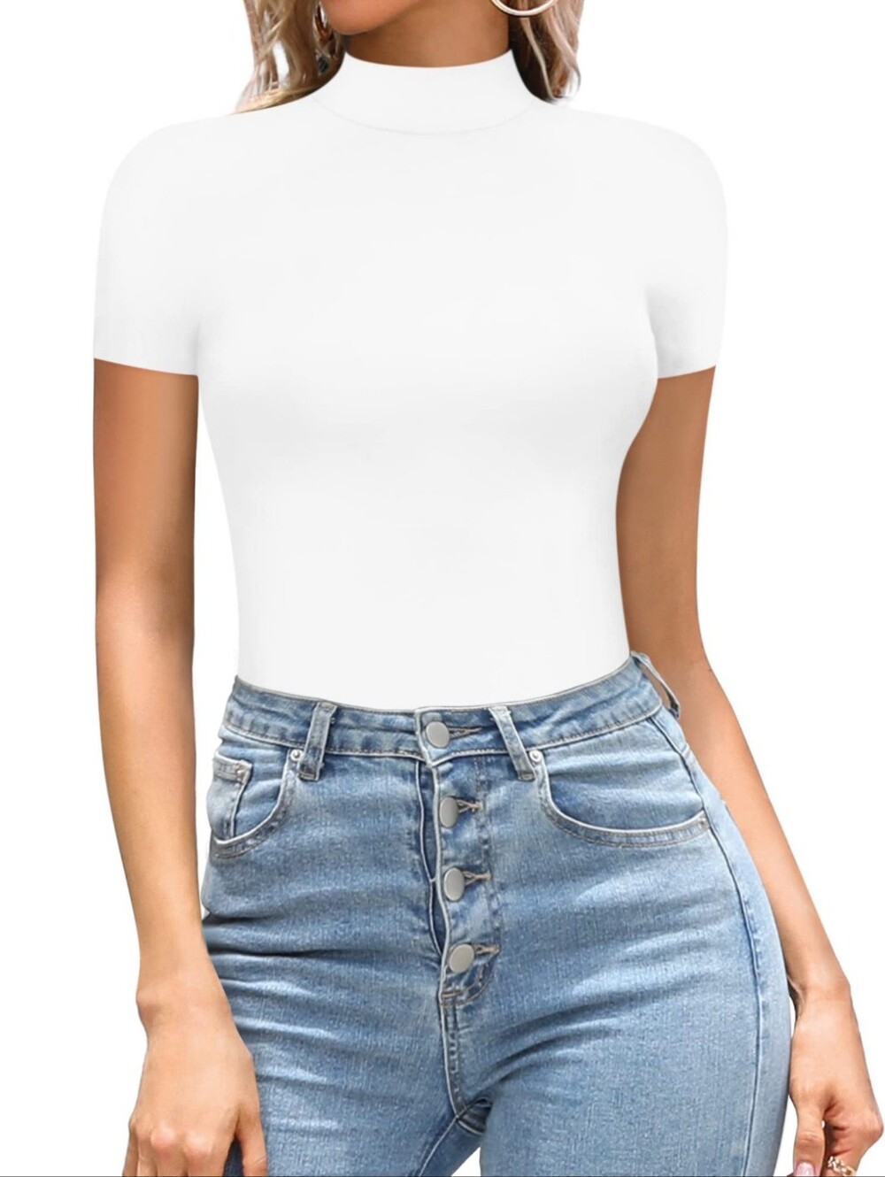 Women's White Short Sleeve Mock Neck Bodysuit Sz S M L XL 2X